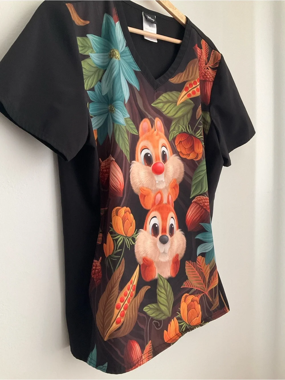 Tooniforms Disney Character Print Scrub Chip and Dale Floral V neck - Picture 3 of 11